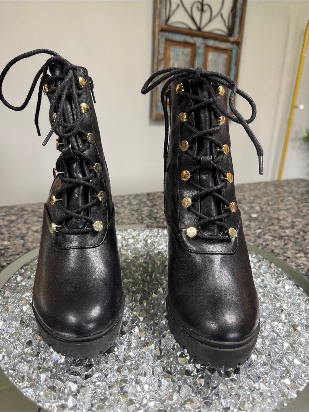 Express Black Lace-Up Platform Ankle Boots with Gold Hardware - Picture 3 of 16